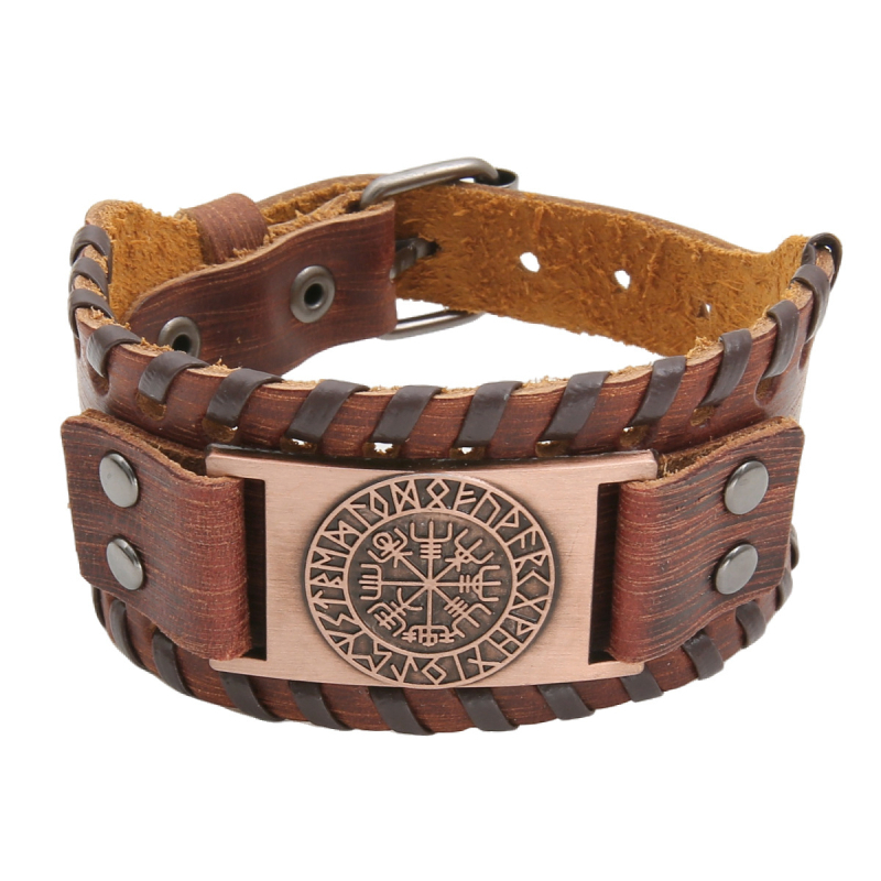Muška široka kožna narukvica s kompasom, srednjovjekovni Viking pirat stil