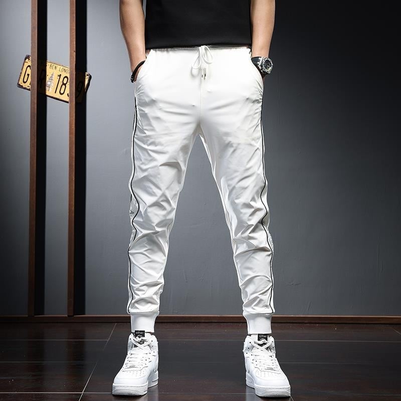Muške sportske duge hlače od ice silk, slim-fit, tanke, bijeli prugasti uzorak, prozračne