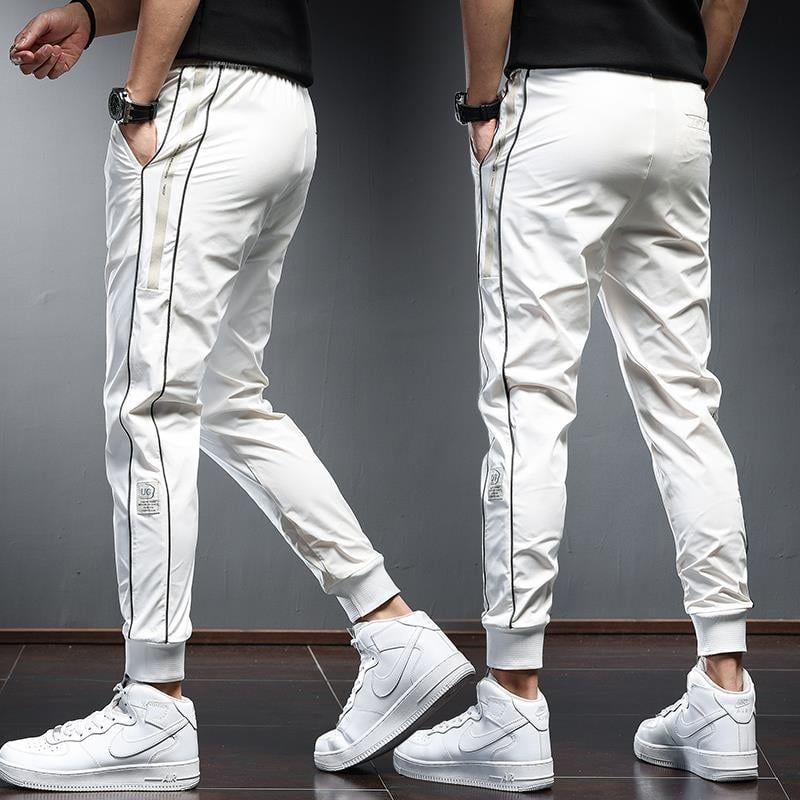 Muške sportske duge hlače od ice silk, slim-fit, tanke, bijeli prugasti uzorak, prozračne