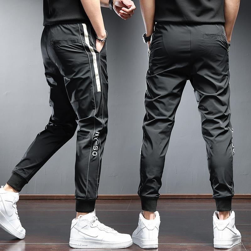 Muške sportske duge hlače od ice silk, slim-fit, tanke, bijeli prugasti uzorak, prozračne