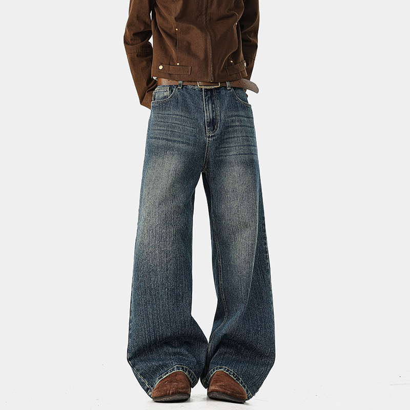 2026 tavasz férfiaknak amerikai stílusú mosott farmer, egyenes szárú, 320 g slub denim