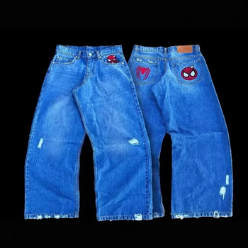 Férfi farmernadrág pókhálós hímzéssel, Harajuku-stílus, laza egyenes szabás
