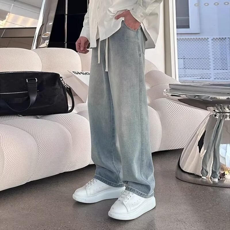 Férfi farmernadrág, egyenes szabású, lazán hordható, tavasz–nyár, denim, vintage kopott hatás
