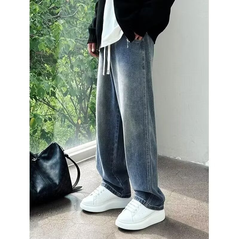 Férfi farmernadrág, egyenes szabású, lazán hordható, tavasz–nyár, denim, vintage kopott hatás