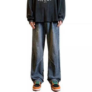 Férfi denimnadrág – őszre tervezett amerikai street retro stílus, patchwork varrással, mosott felülettel, laza szabású, egyenes és széles szárú