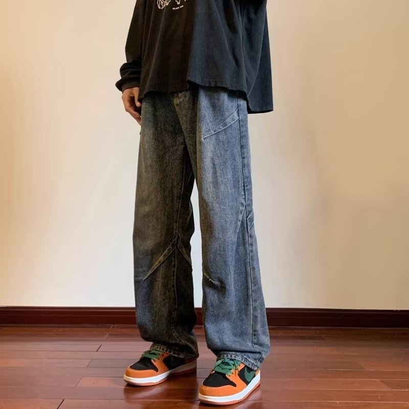 Férfi denimnadrág – őszre tervezett amerikai street retro stílus, patchwork varrással, mosott felülettel, laza szabású, egyenes és széles szárú