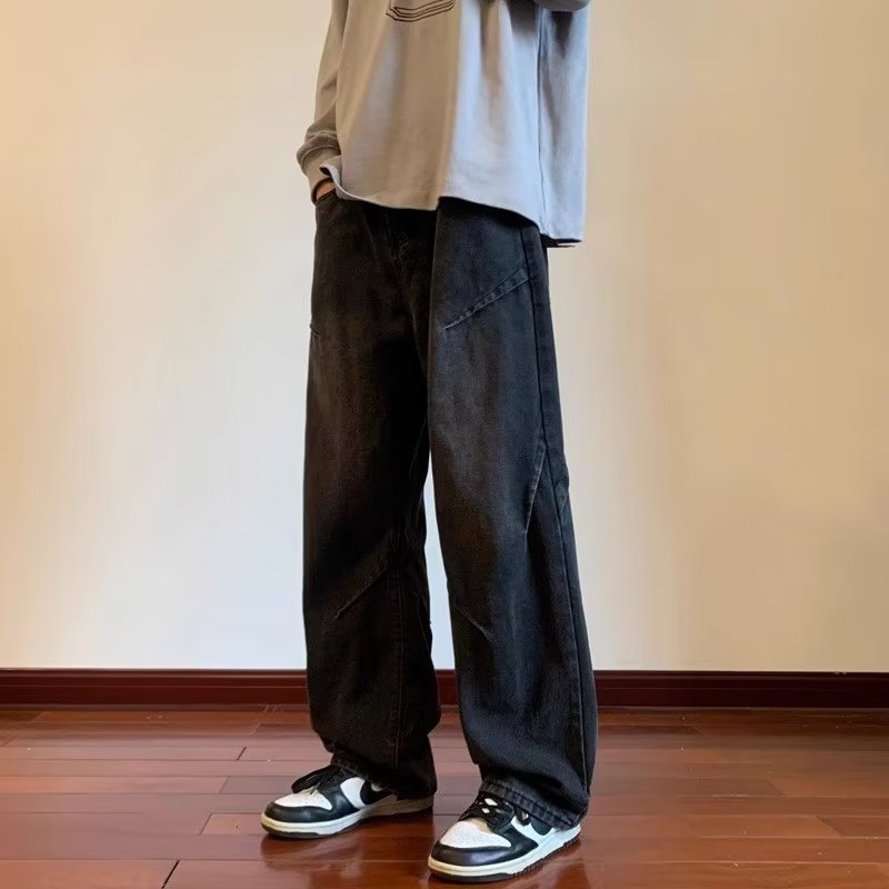 Férfi denimnadrág – őszre tervezett amerikai street retro stílus, patchwork varrással, mosott felülettel, laza szabású, egyenes és széles szárú