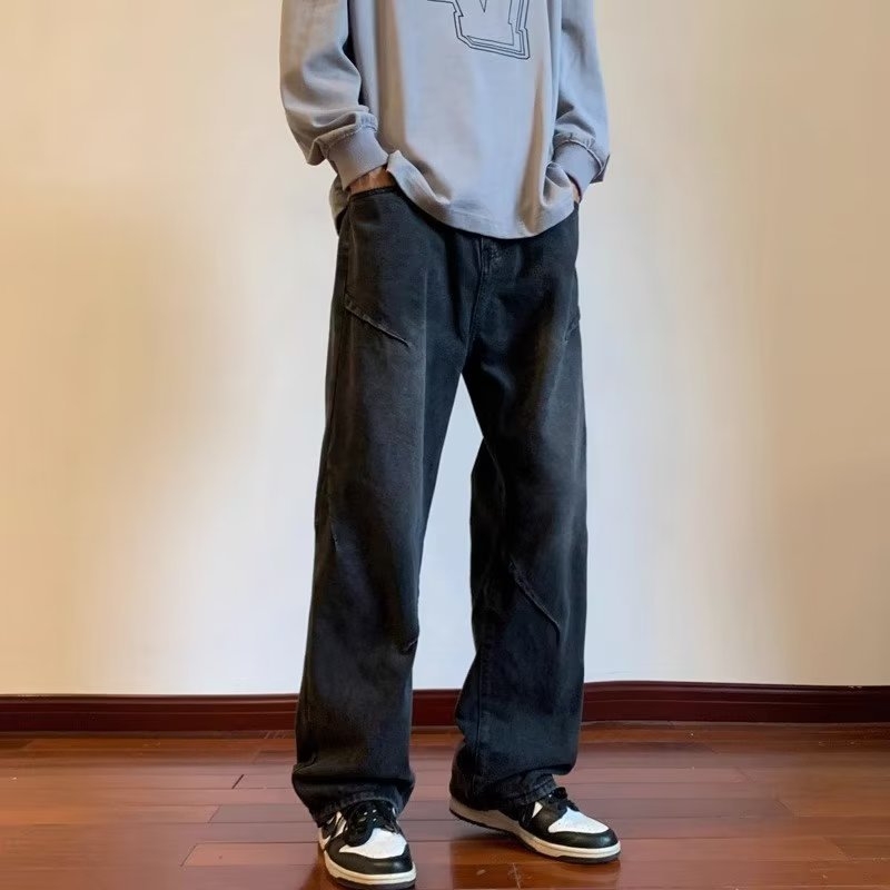 Férfi denimnadrág – őszre tervezett amerikai street retro stílus, patchwork varrással, mosott felülettel, laza szabású, egyenes és széles szárú