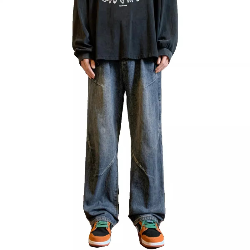 Férfi denimnadrág – őszre tervezett amerikai street retro stílus, patchwork varrással, mosott felülettel, laza szabású, egyenes és széles szárú