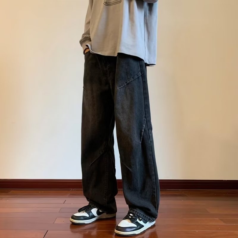 Férfi denimnadrág – őszre tervezett amerikai street retro stílus, patchwork varrással, mosott felülettel, laza szabású, egyenes és széles szárú