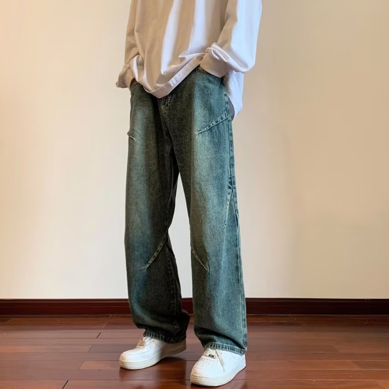 Férfi denimnadrág – őszre tervezett amerikai street retro stílus, patchwork varrással, mosott felülettel, laza szabású, egyenes és széles szárú