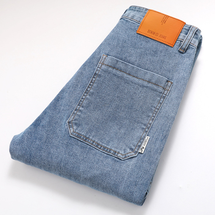 Férfi denim nadrág elasztikussal, panel dizájn, mosott felület, egyenes szabás, 2025 prémium divat