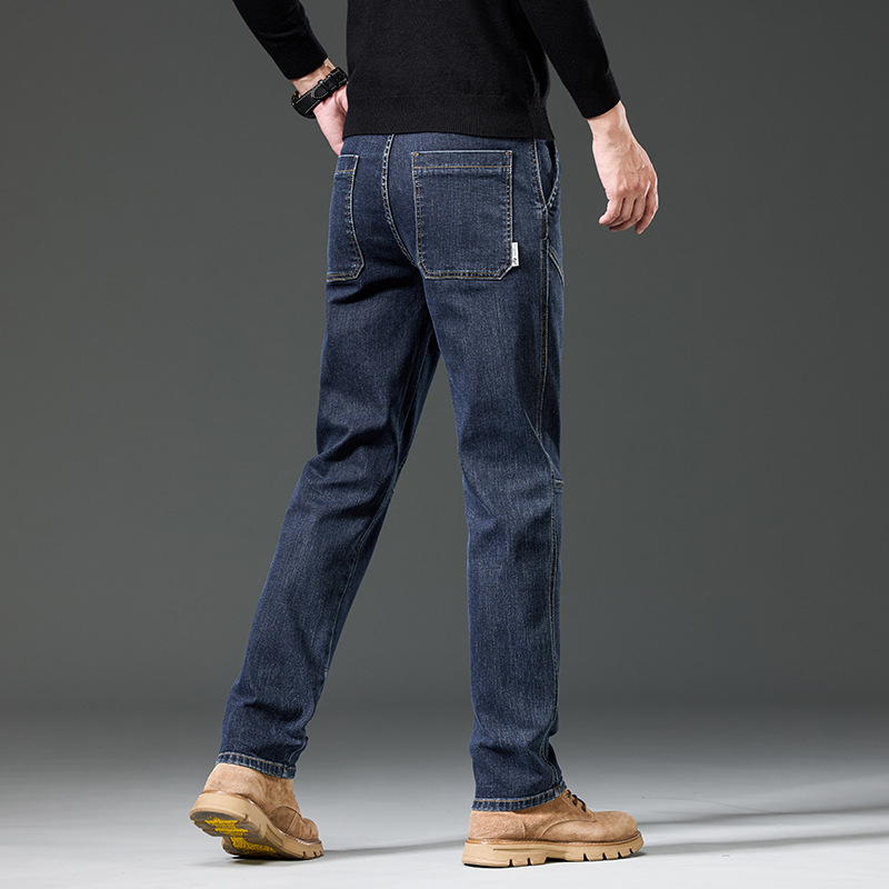 Férfi denim nadrág elasztikussal, panel dizájn, mosott felület, egyenes szabás, 2025 prémium divat