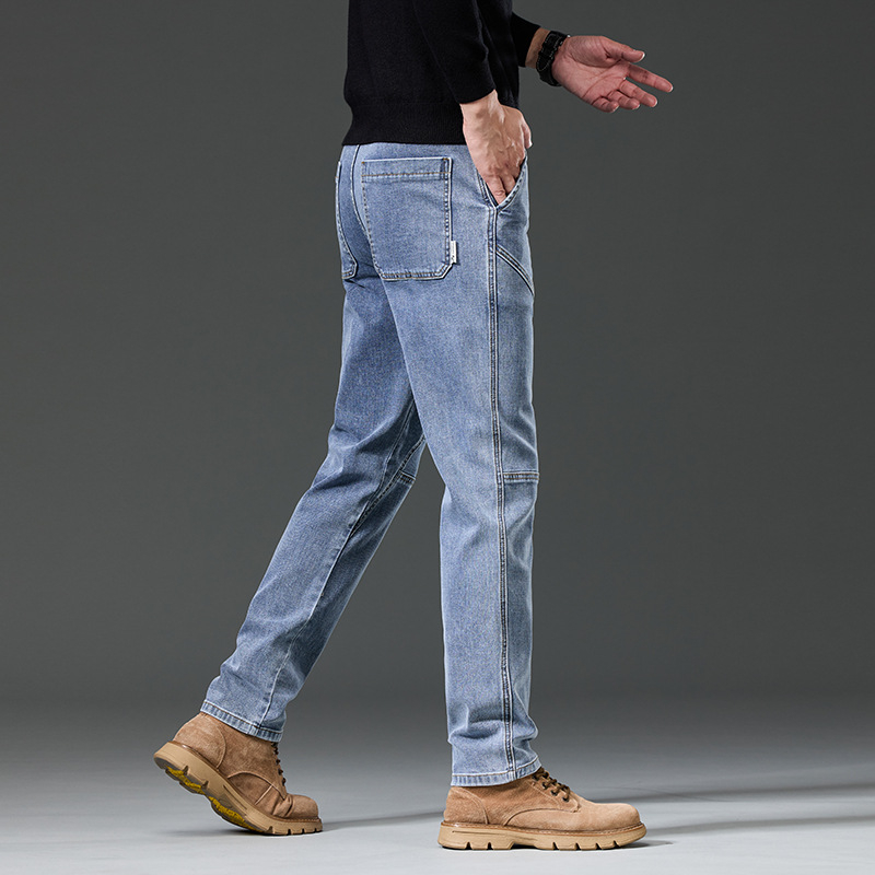 Férfi denim nadrág elasztikussal, panel dizájn, mosott felület, egyenes szabás, 2025 prémium divat