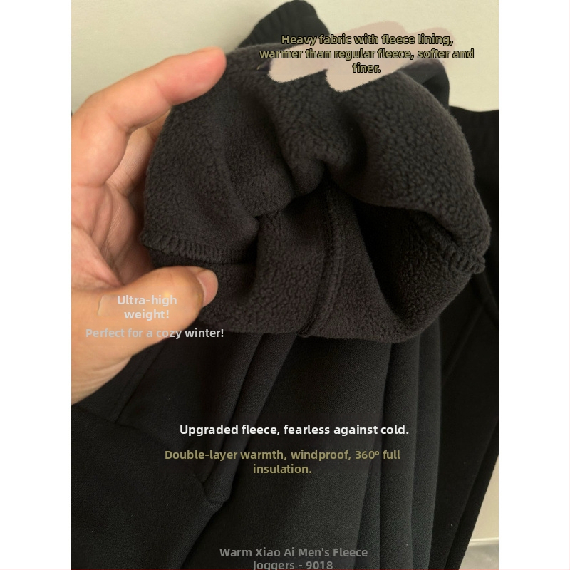 Férfi fleece-béléssel bélelt melegítőnadrág, vastag téli viselet, elasztikus derékrész és húzózsinór, egyenes szabású, mindennapi sportnadrág