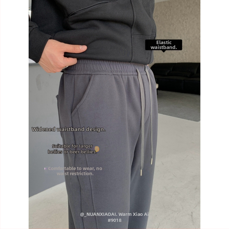 Férfi fleece-béléssel bélelt melegítőnadrág, vastag téli viselet, elasztikus derékrész és húzózsinór, egyenes szabású, mindennapi sportnadrág