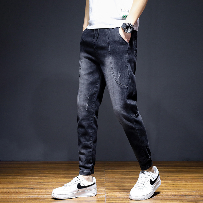 Muške ljetne cropped traperice od denima, korejskog stila, slim fit, crne