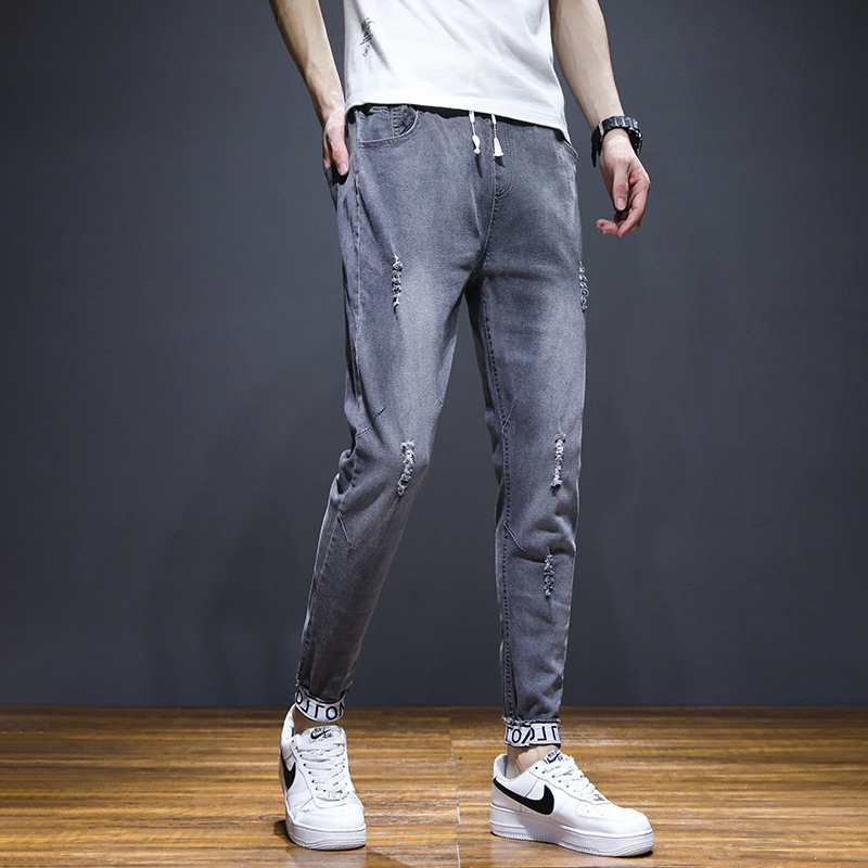 Muške ljetne cropped traperice od denima, korejskog stila, slim fit, crne