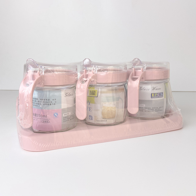 Stakleni set začina, 3 komada s postoljem i žlicom, u šarenoj kutiji