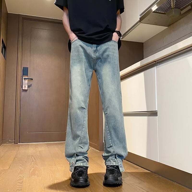 Crne muške traperice ravnog kroja, denim, ukrasni gumbi, ležerni gradski retro stil