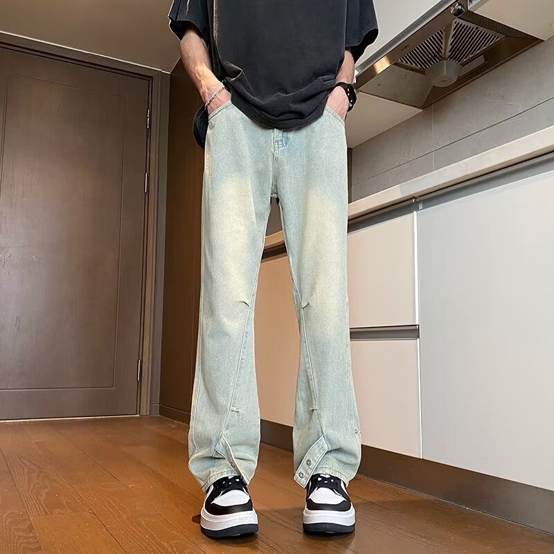 Crne muške traperice ravnog kroja, denim, ukrasni gumbi, ležerni gradski retro stil