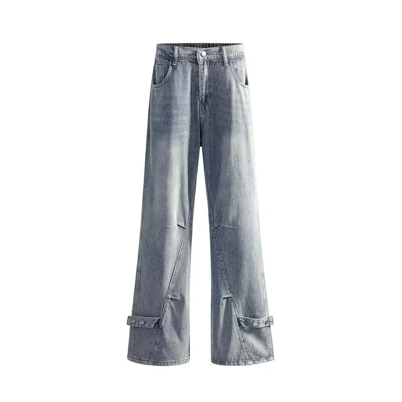 Crne muške traperice ravnog kroja, denim, ukrasni gumbi, ležerni gradski retro stil