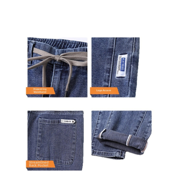 Őszi férfi farmernadrág elasztikus derékkal, karcsúsított szabás, enyhén szűkített egyenes szár, mosott denim