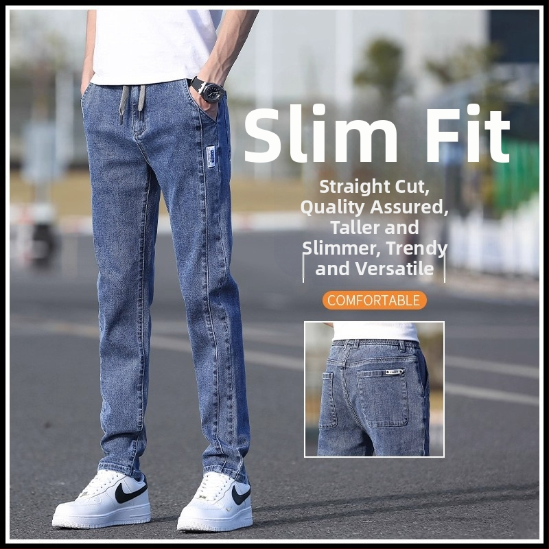 Őszi férfi farmernadrág elasztikus derékkal, karcsúsított szabás, enyhén szűkített egyenes szár, mosott denim