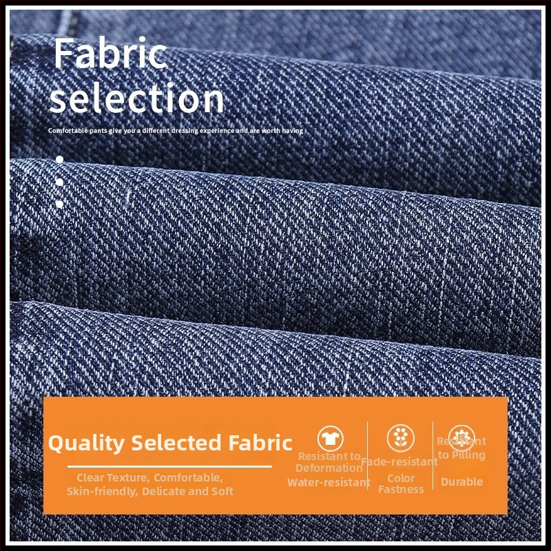 Őszi férfi farmernadrág elasztikus derékkal, karcsúsított szabás, enyhén szűkített egyenes szár, mosott denim