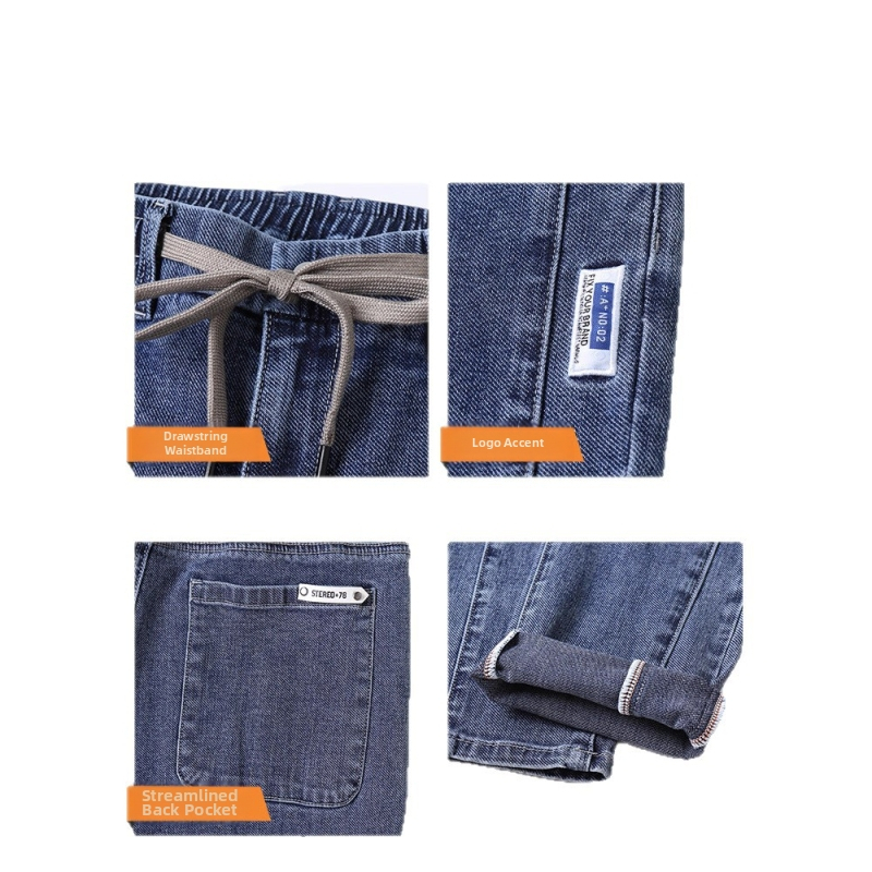 Őszi férfi farmernadrág elasztikus derékkal, karcsúsított szabás, enyhén szűkített egyenes szár, mosott denim
