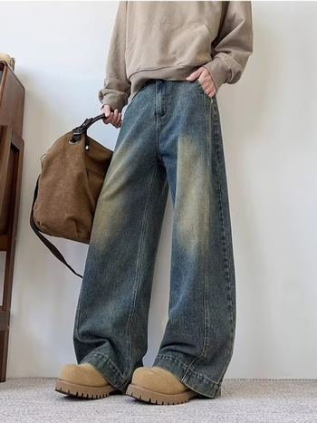 Férfi farmernadrág amerikai utcai stílusban, dekonstruált, scimitár fazon, retro mosott, karcsúsított, distressed, hétköznapi egyenes szárú