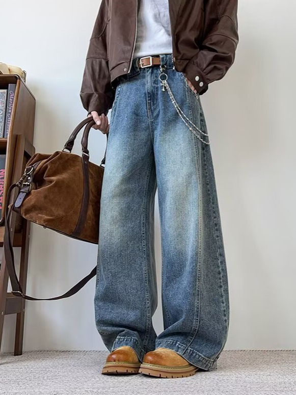 Férfi farmernadrág amerikai utcai stílusban, dekonstruált, scimitár fazon, retro mosott, karcsúsított, distressed, hétköznapi egyenes szárú