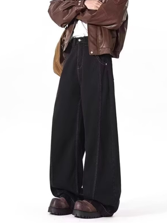 Férfi farmernadrág amerikai utcai stílusban, dekonstruált, scimitár fazon, retro mosott, karcsúsított, distressed, hétköznapi egyenes szárú