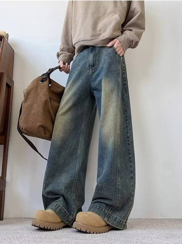 Férfi farmernadrág amerikai utcai stílusban, dekonstruált, scimitár fazon, retro mosott, karcsúsított, distressed, hétköznapi egyenes szárú