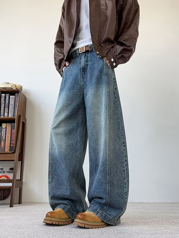 Férfi farmernadrág amerikai utcai stílusban, dekonstruált, scimitár fazon, retro mosott, karcsúsított, distressed, hétköznapi egyenes szárú