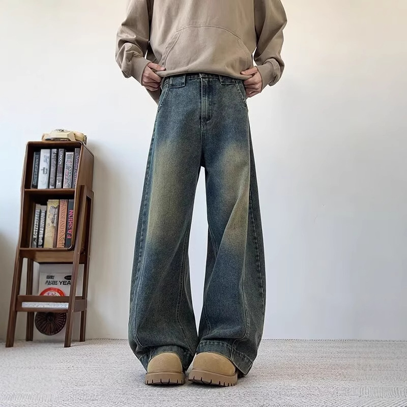 Férfi farmernadrág amerikai utcai stílusban, dekonstruált, scimitár fazon, retro mosott, karcsúsított, distressed, hétköznapi egyenes szárú