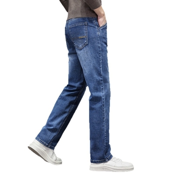 Kiváló minőségű, sokoldalú, lazán szabott straight-leg férfi denimnadrág, nyári viselet, elasztikus