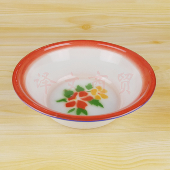Debela, duboka emajlirana zdjela s cvjetnim uzorkom, retro stil, za kućnu i restoransku upotrebu; riža ili juha, s logom, promjer oko 20 cm.