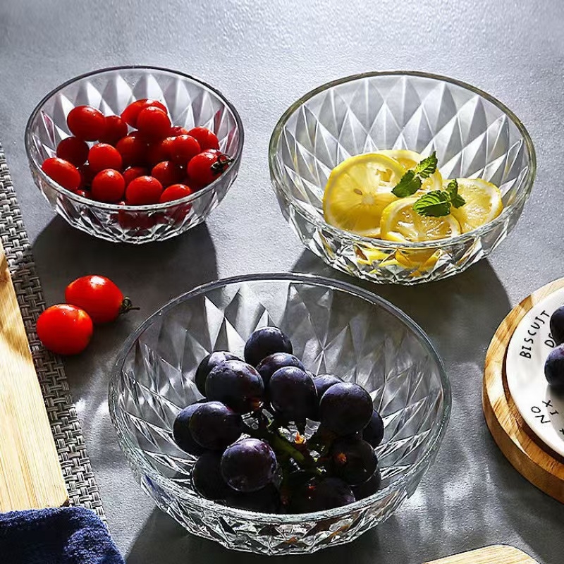 Kreativna prozirna plastična zdjela za salatu, za kućnu upotrebu, zdjela za voće i deserte, s dijamantnim uzorkom, moderan minimalistički dizajn, okruglog oblika, promjer 20–20,9 cm