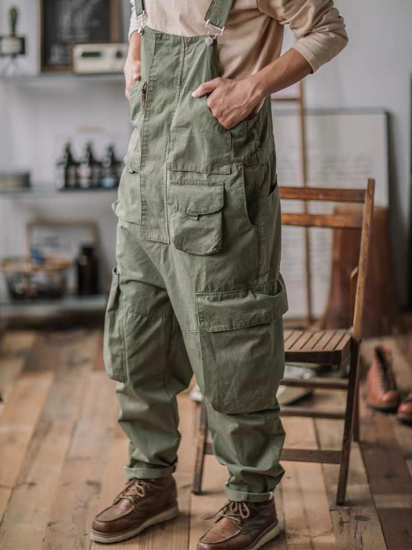 Američki retro radni kombinezon s naramenicama, širok kroj, khaki, za muškarce, K305