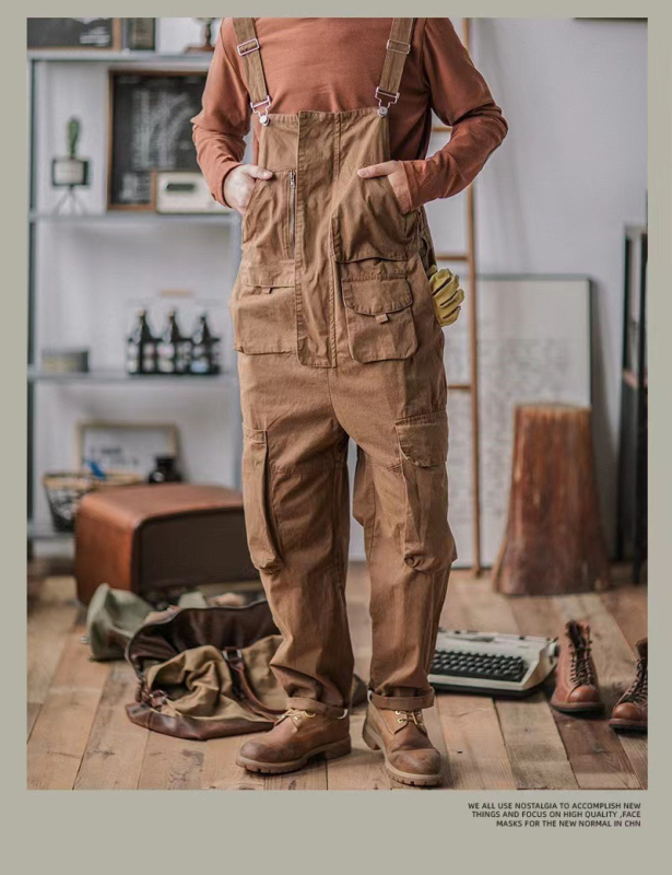 Američki retro radni kombinezon s naramenicama, širok kroj, khaki, za muškarce, K305