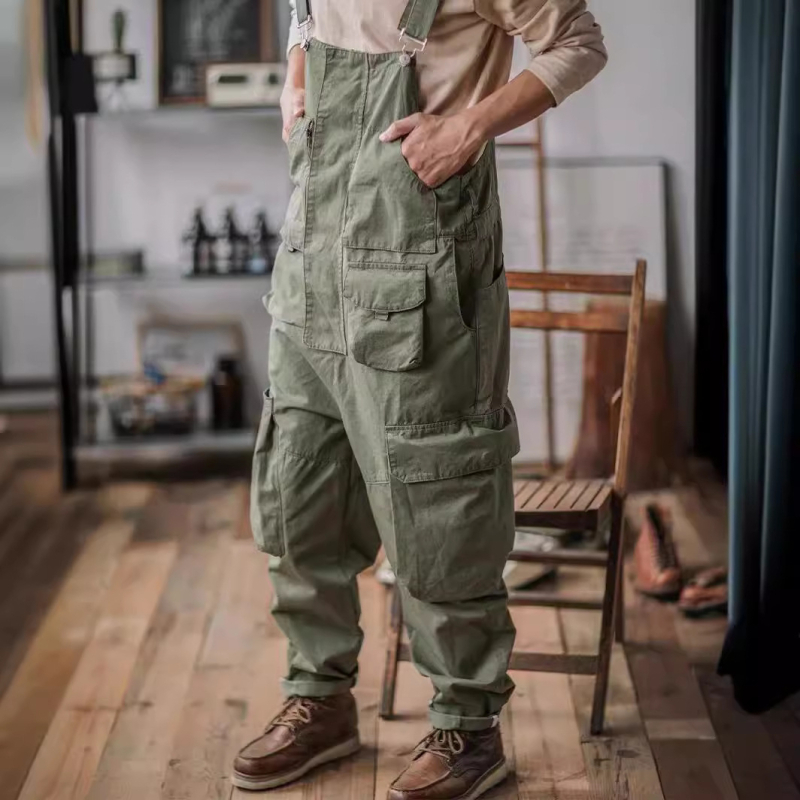 Američki retro radni kombinezon s naramenicama, širok kroj, khaki, za muškarce, K305