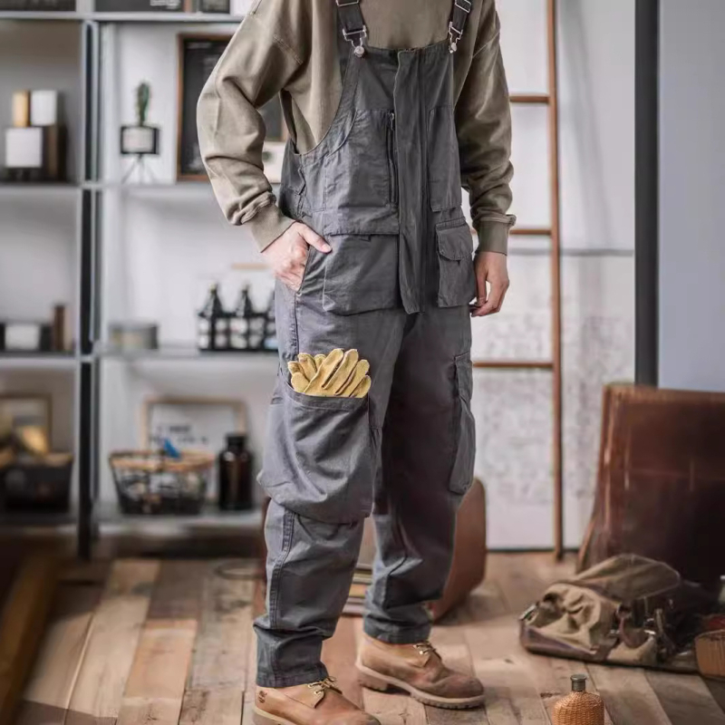 Američki retro radni kombinezon s naramenicama, širok kroj, khaki, za muškarce, K305