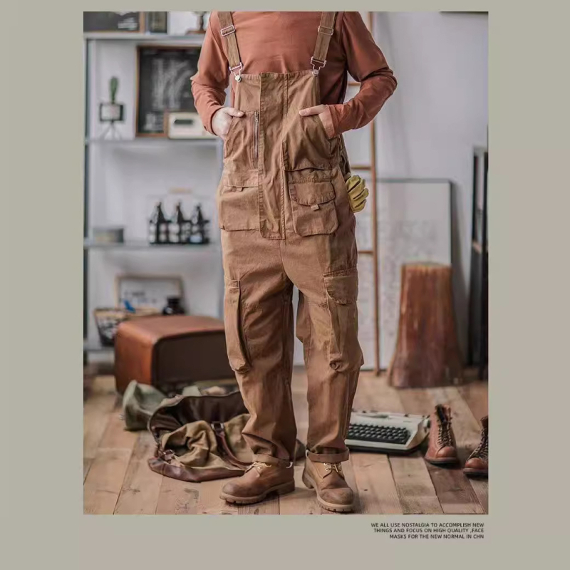 Američki retro radni kombinezon s naramenicama, širok kroj, khaki, za muškarce, K305
