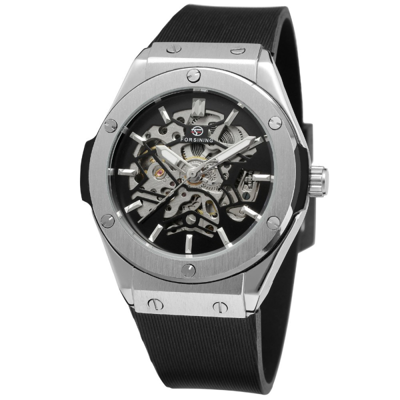 Forsining Muški sat u europskom i američkom stilu, moderan i casual, srebrni skeletni dizajn, automatski mehanički sat