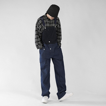 Férfi denim overál vállpántokkal, laza, kényelmes munkaruházat