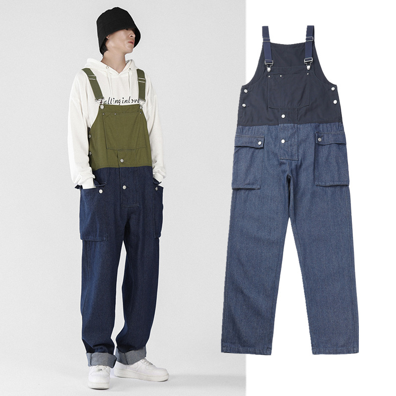 Férfi denim overál vállpántokkal, laza, kényelmes munkaruházat