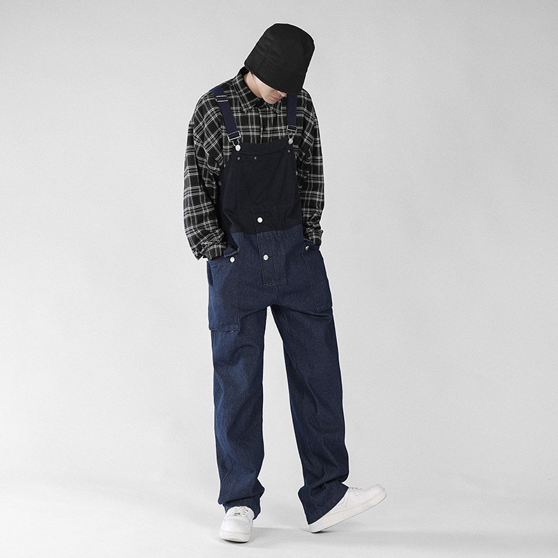 Férfi denim overál vállpántokkal, laza, kényelmes munkaruházat