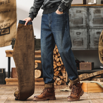 Plusz méretű téli fleece-sel bélelt farmernadrág denimből, amerikai retro stílus, rugalmas, lazán szabott