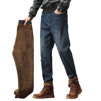 Plusz méretű téli fleece-sel bélelt farmernadrág denimből, amerikai retro stílus, rugalmas, lazán szabott